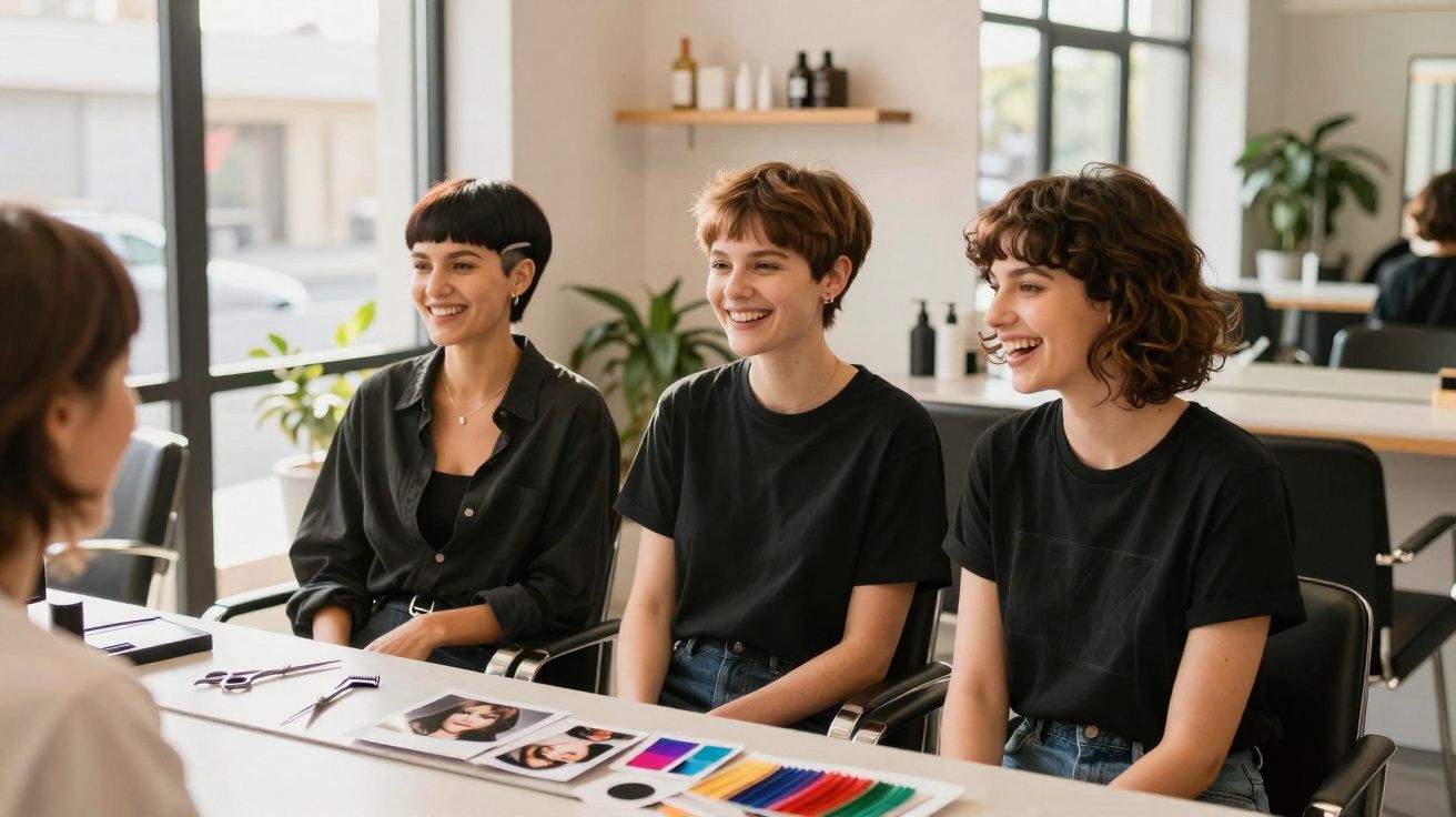 Três jovens sorrindo em reunião em sala iluminada, com amostras de cores e fotos sobre a mesa.