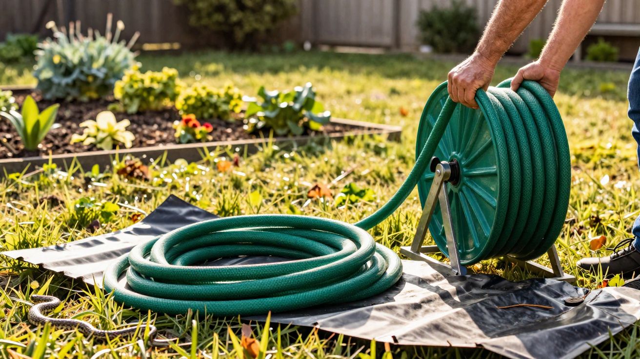 Mão enrolando mangueira verde em suporte metálico próximo a um canteiro de plantas em jardim.