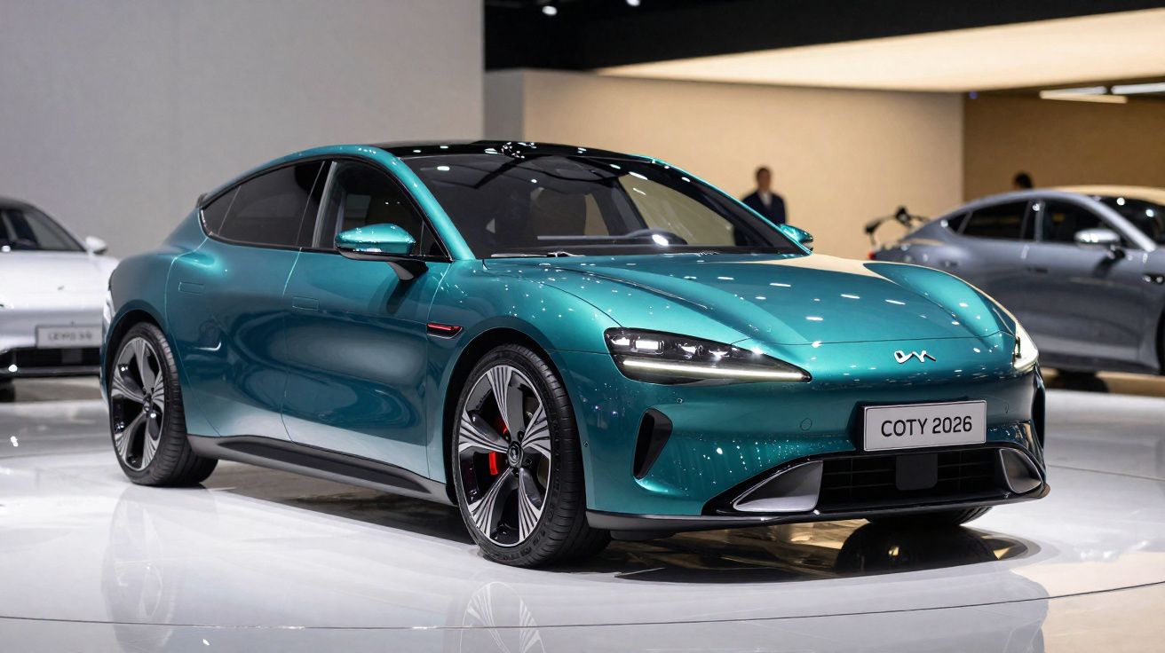 Carro esportivo elétrico verde com design moderno em exposição automotiva, modelo COTY 2026.