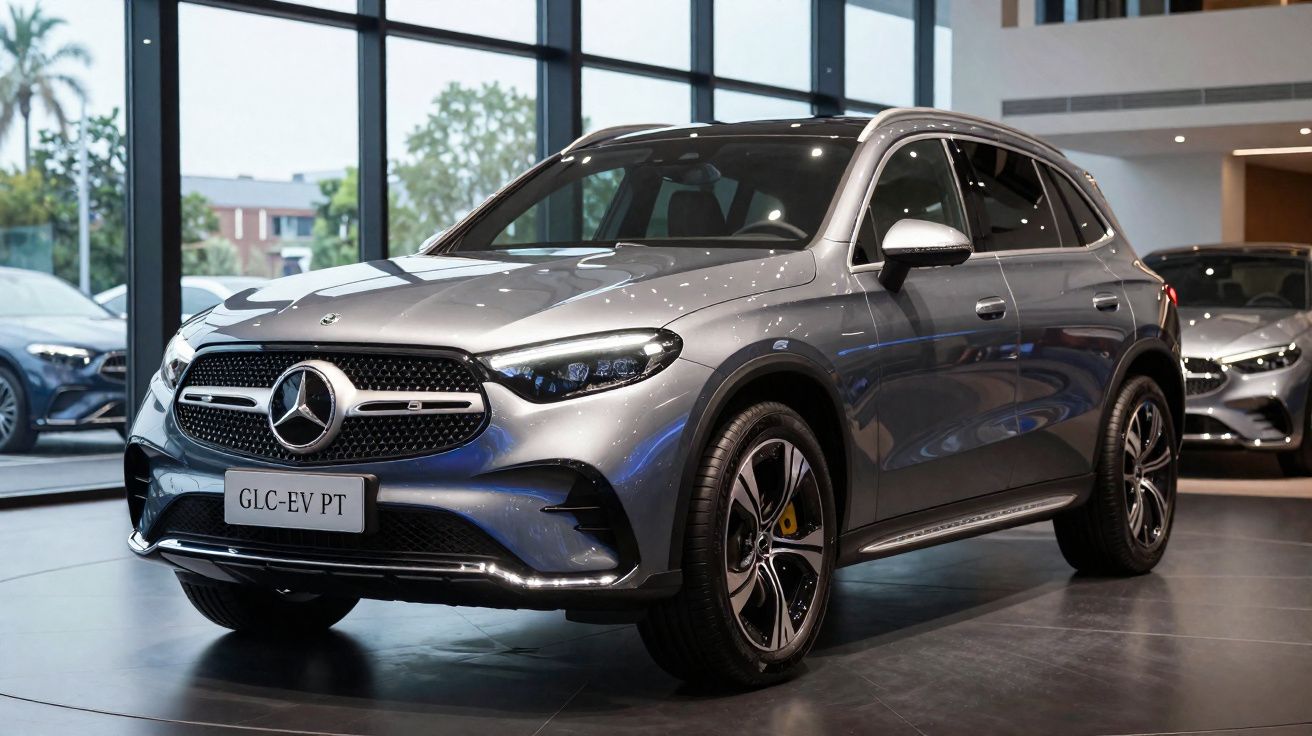 SUV elétrico Mercedes-Benz GLC-EV PT prata exposto em showroom moderno com painéis de vidro.