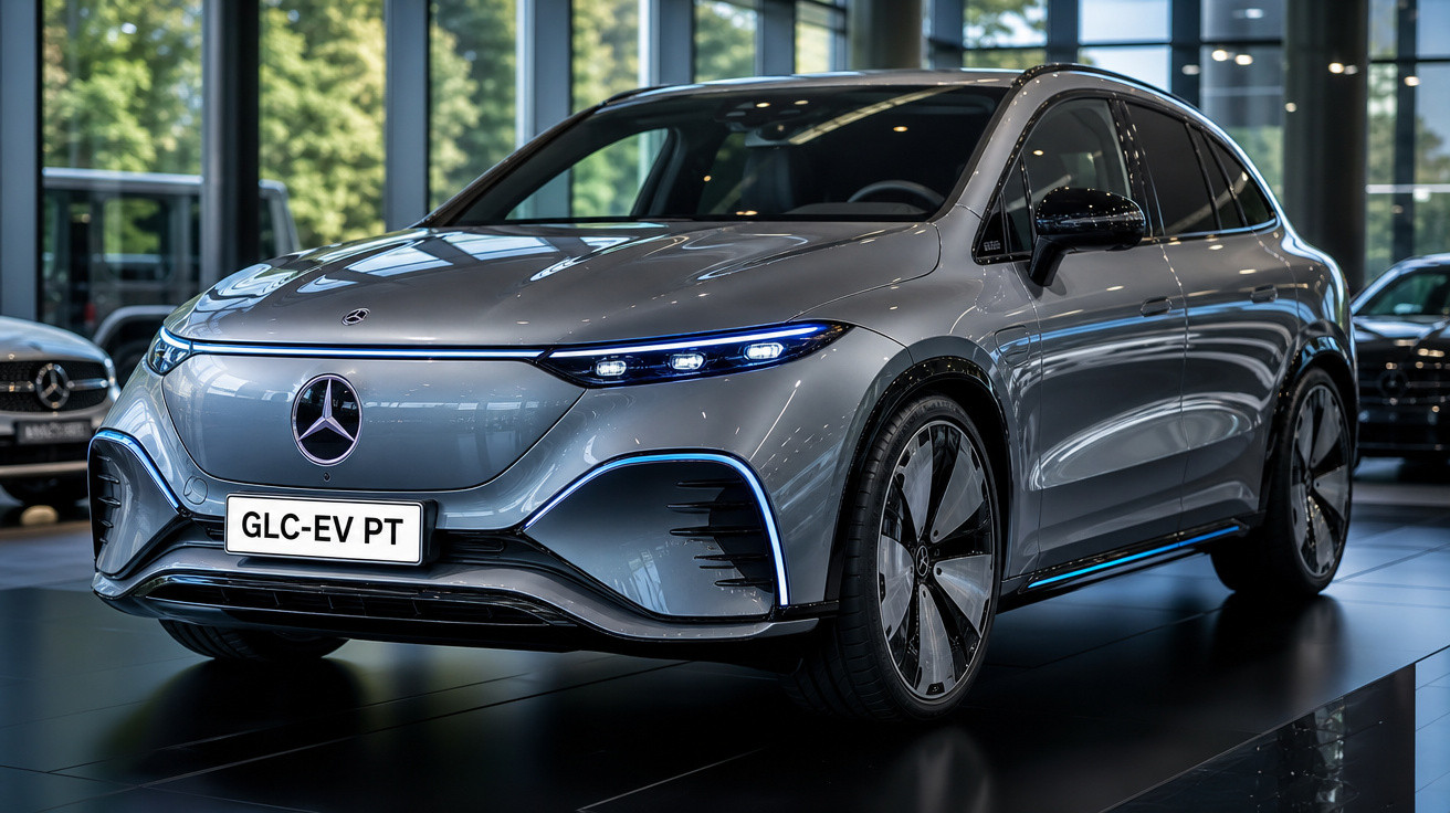 Carro elétrico Mercedes-Benz GLC-EV prata em exposição interna com design moderno e futurista.