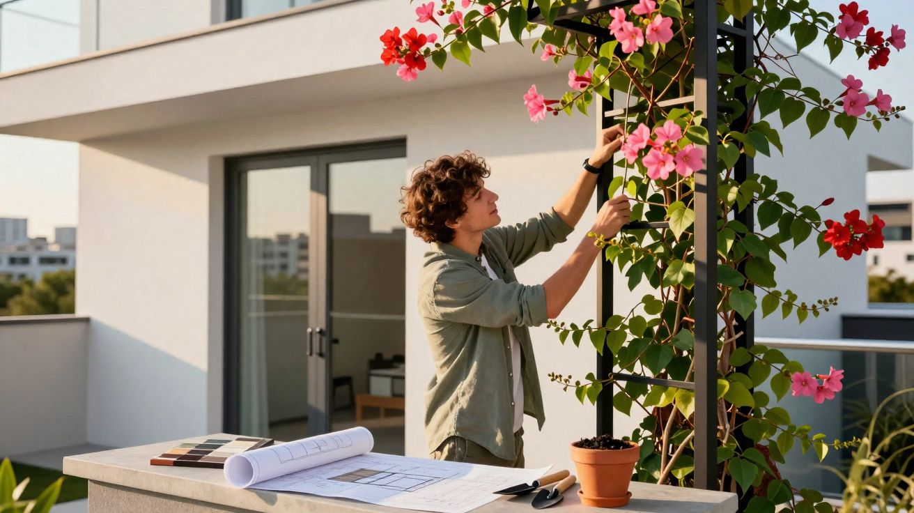 Pessoa cuidando de plantas com flores vermelhas e rosas em varanda moderna ao ar livre.