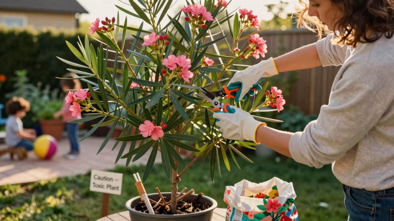 Pessoa podando planta com flores rosas em vaso, crianças brincando ao fundo no jardim.