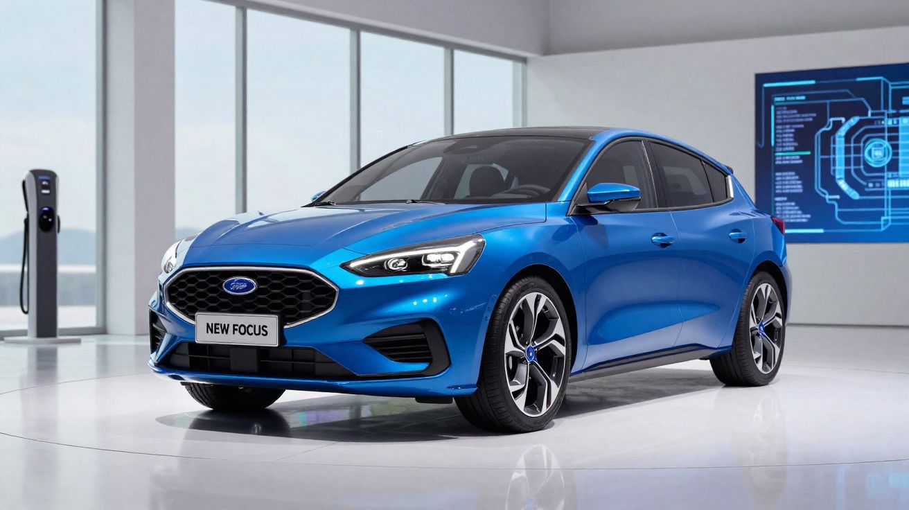 Carro azul Ford New Focus em exposição interna com piso branco e painel digital ao fundo.
