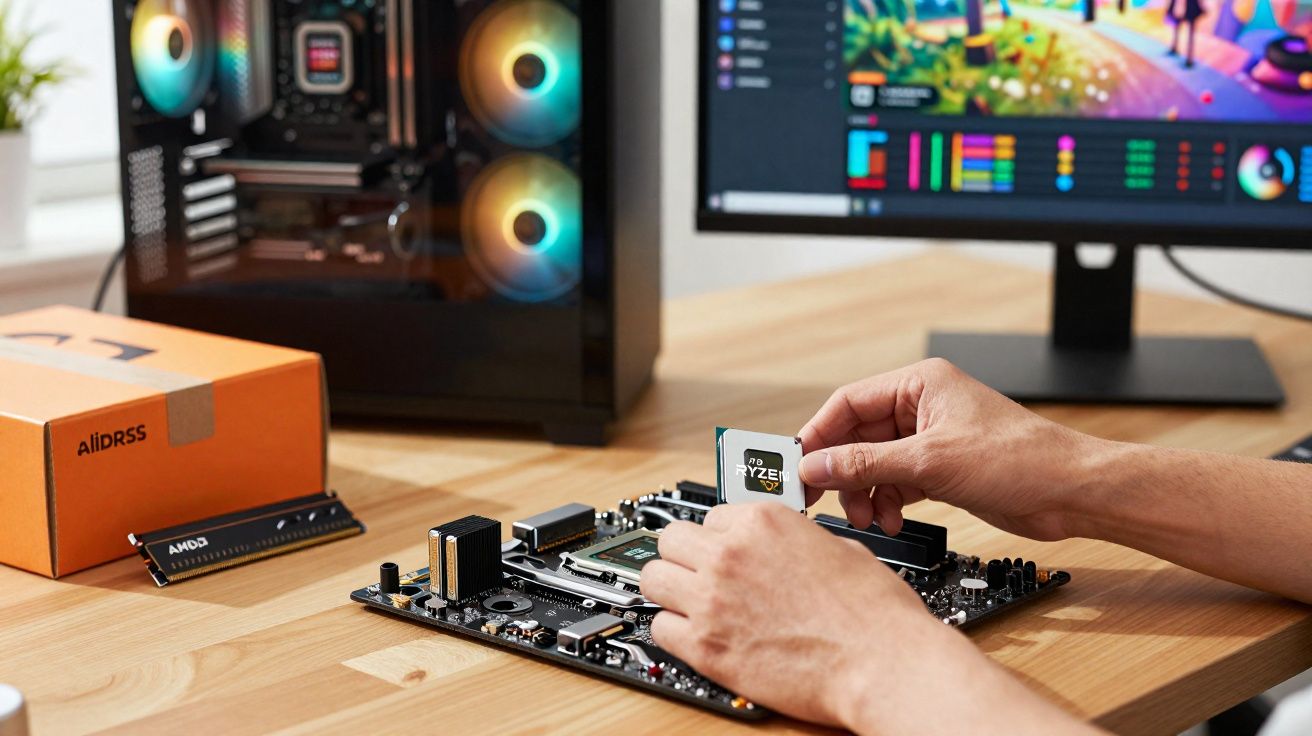 Pessoa instalando processador Ryzen em placa-mãe próxima a gabinete e monitor de computador.