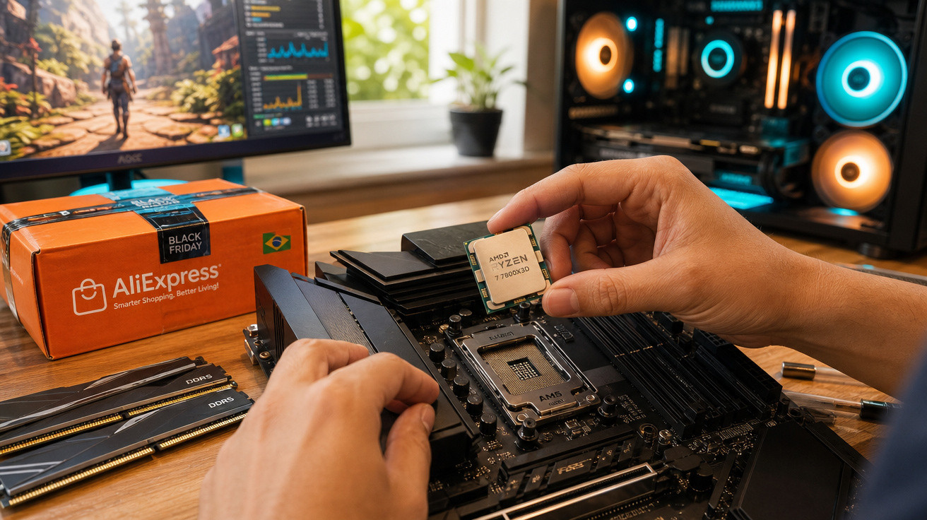Pessoa instalando processador AMD Ryzen em placa-mãe perto de caixa AliExpress e computador desktop ligado.
