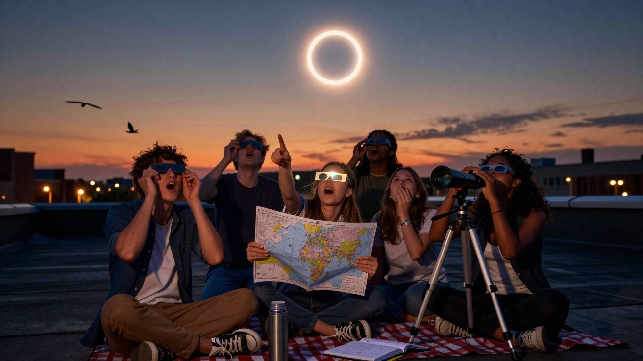 Grupo de jovens com óculos especiais observando eclipse solar durante o pôr do sol em telhado.