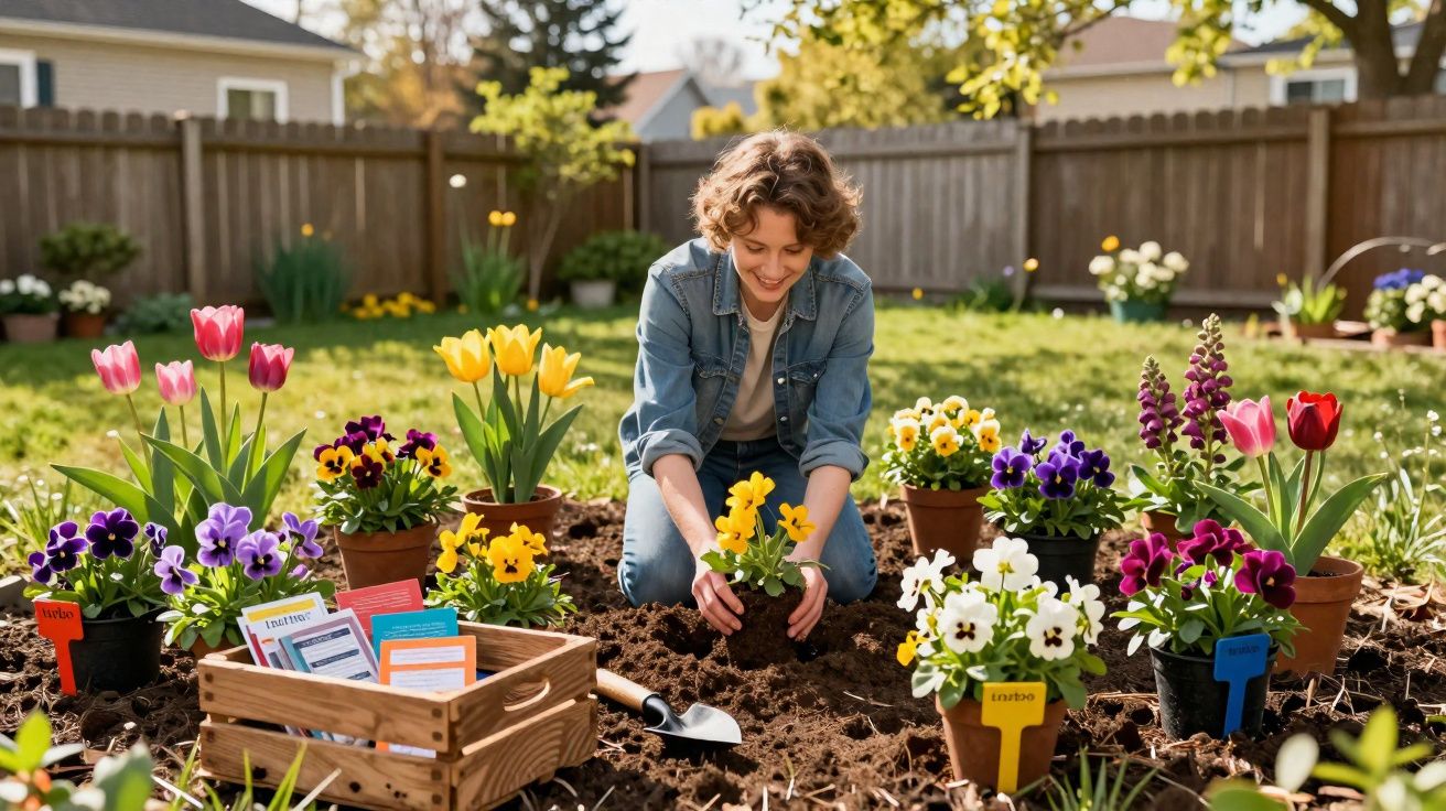 Pessoa com jaqueta jeans plantando flores coloridas em jardim ensolarado com vasos e caixa de sementes.