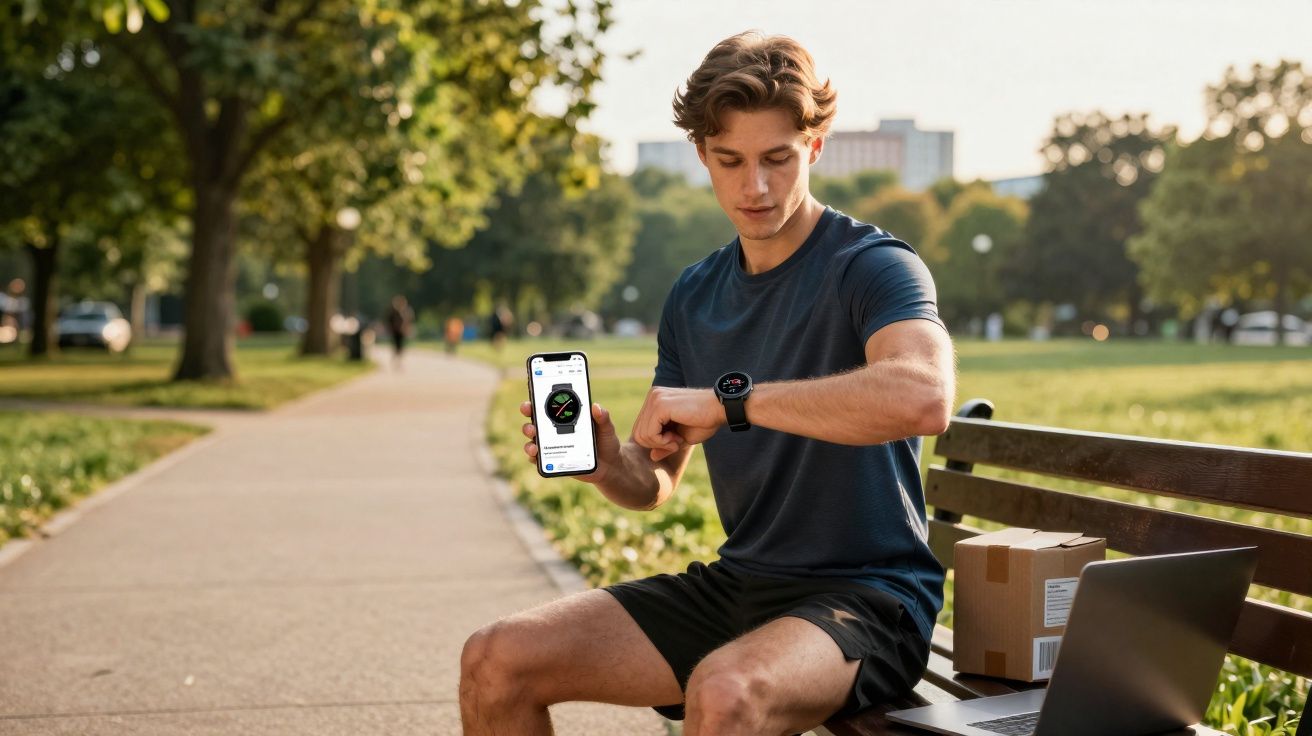 Jovem sentado em banco de parque mostrando app de relógio no celular e olhando smartwatch no pulso.