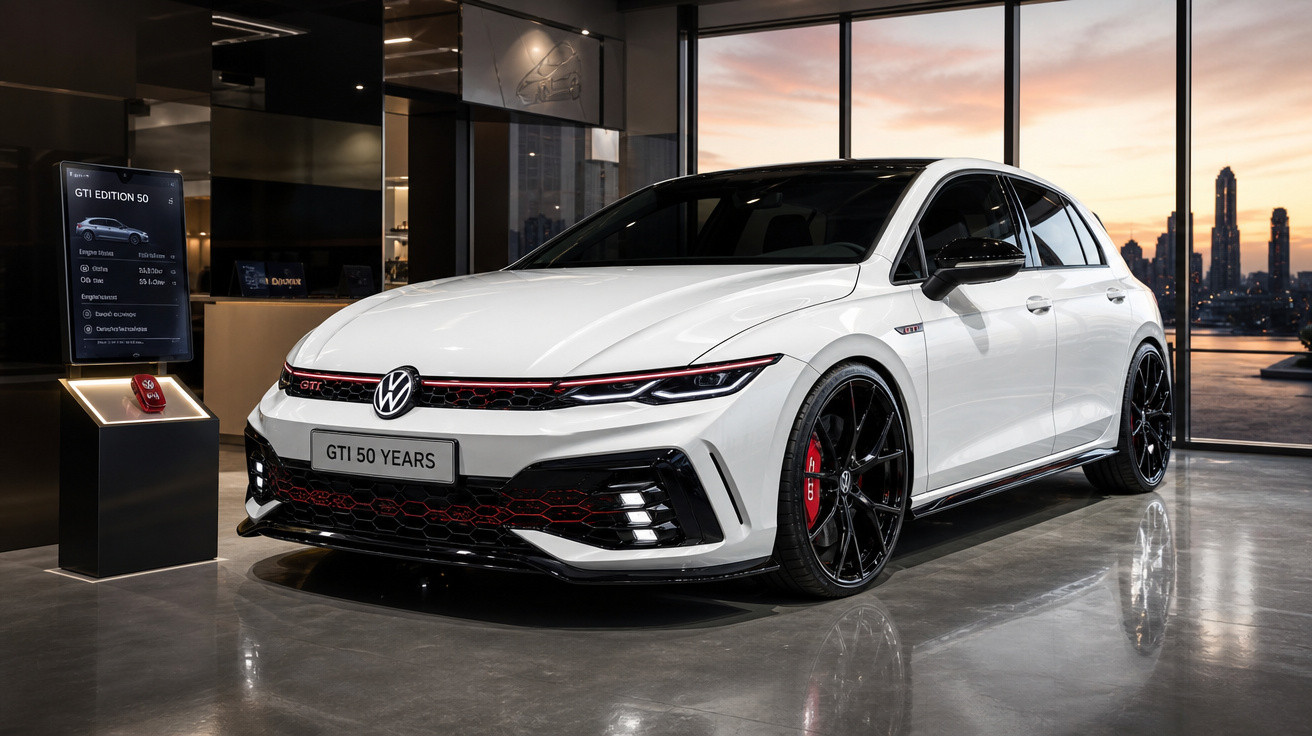 Carro Volkswagen GTI 50 Years branco exposto em showroom moderno ao pôr do sol.