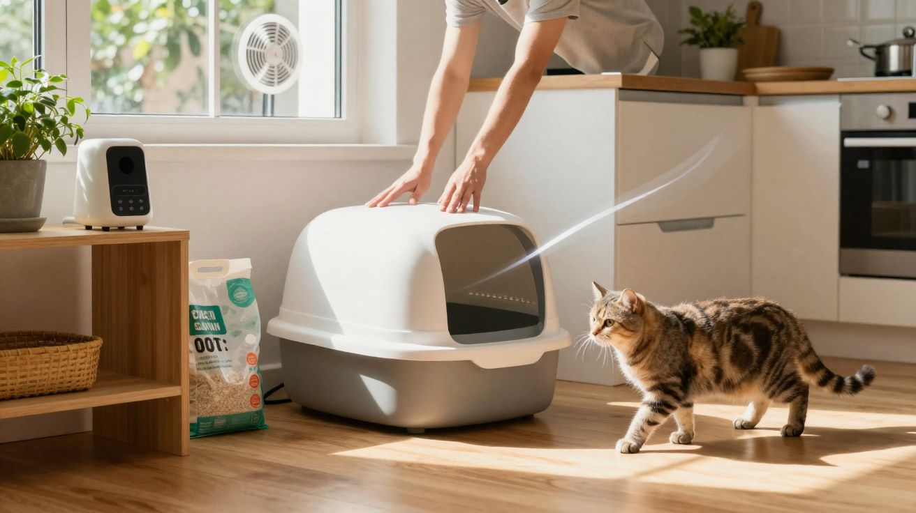 Pessoa limpando caixa de areia coberta para gato, com gato se aproximando na cozinha iluminada pelo sol.