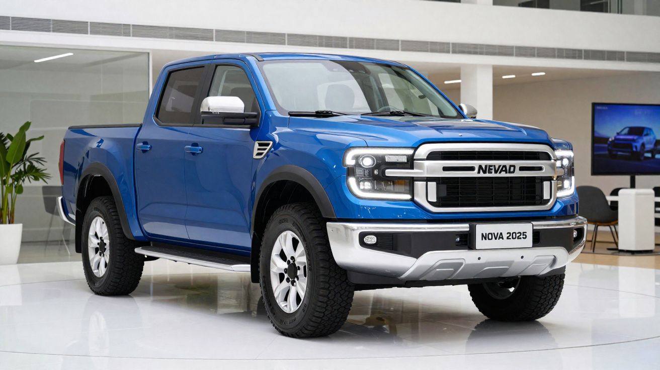 Picape azul Nevad Nova 2025 mostrada em salão de automóveis moderno e branco.