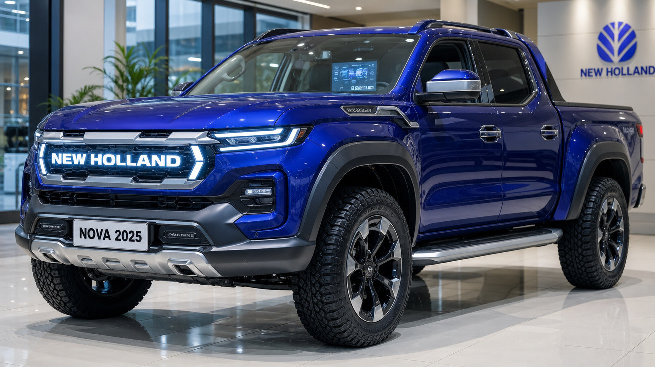 Picape azul New Holland 2025 exibida em showroom moderno, com design robusto e faróis LED.