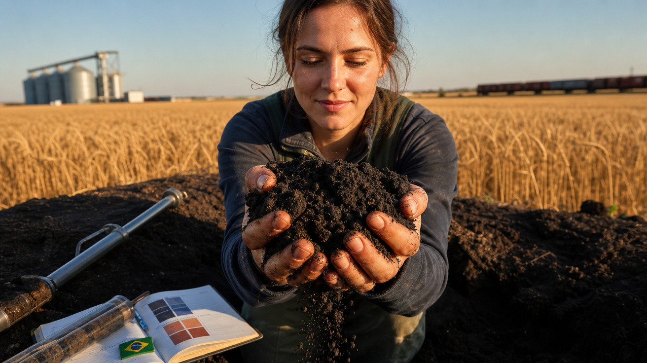 Mulher agricultora segurando terra fértil em mãos, com campo de trigo e silos ao fundo.