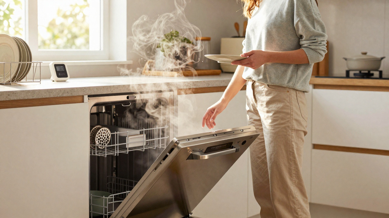 Mulher abrindo lava-louças com vapor saindo na cozinha clara e moderna.