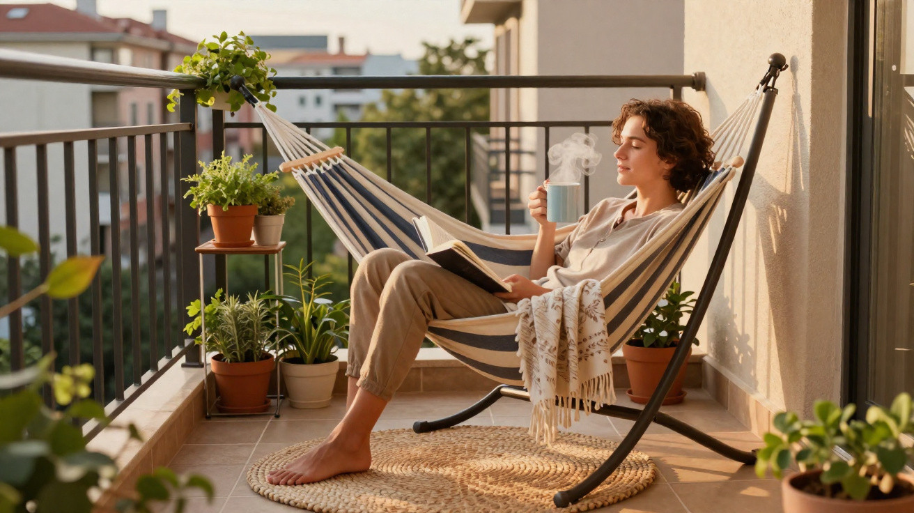 Pessoa relaxando em rede na varanda com plantas, livro e caneca de bebida quente.