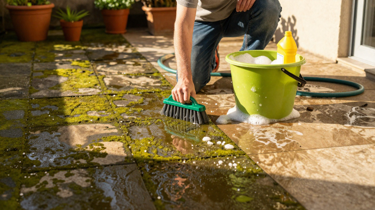 Pessoa limpando musgo do chão de pedras com escova verde, balde e detergente amarelo ao lado.