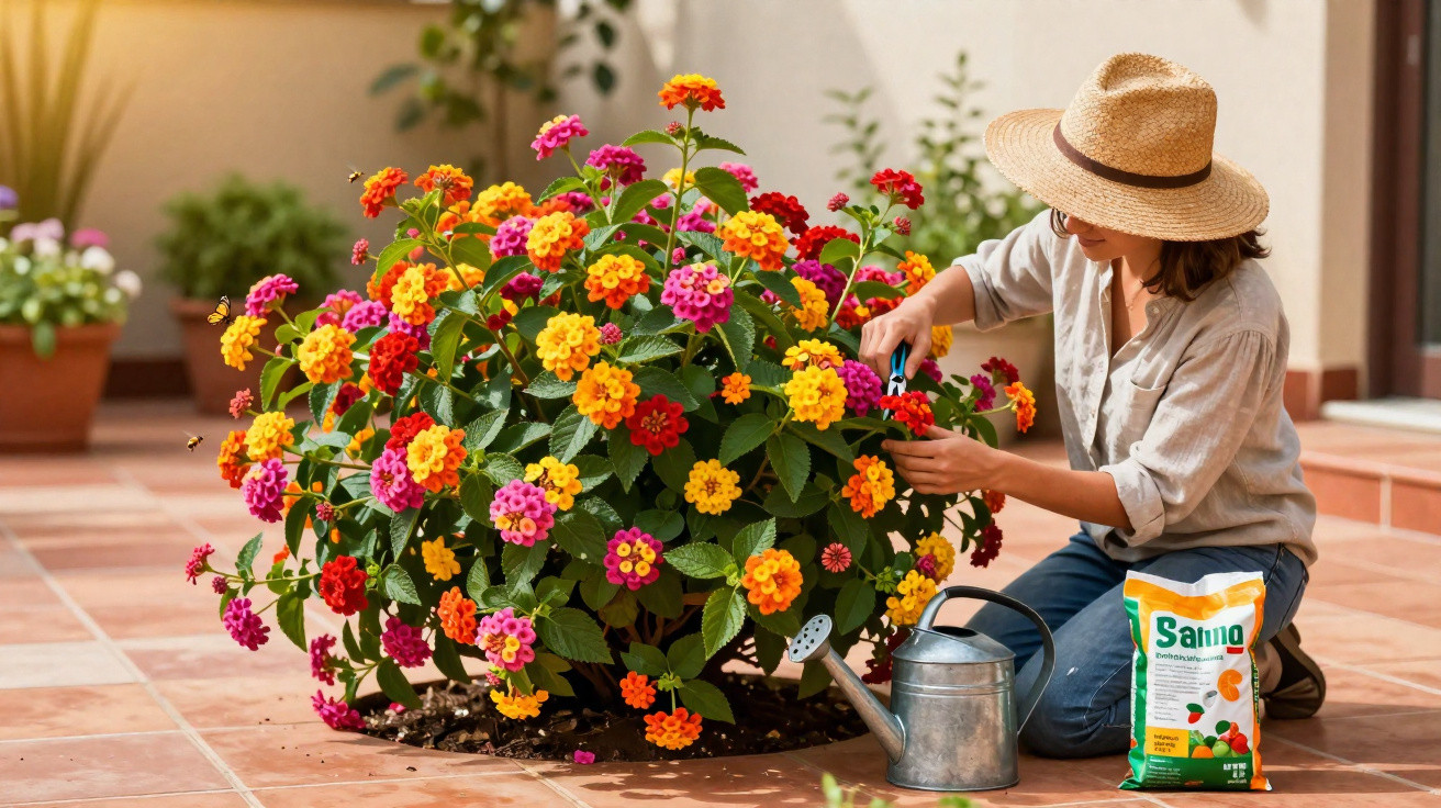 Mulher de chapéu cuida de arbusto florido colorido em jardim com regador e fertilizante ao lado.