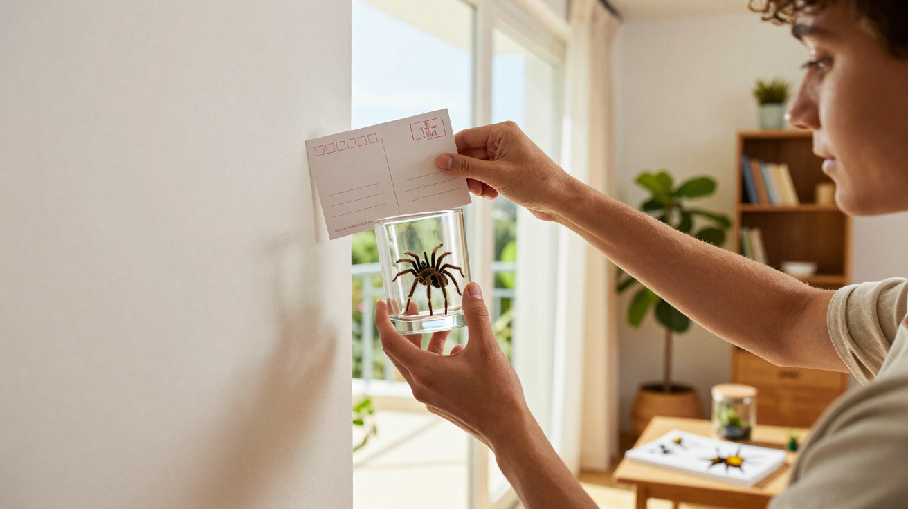 Pessoa segurando vidro com aranha falsa e cartão postal para pregar na parede em ambiente interno claro.