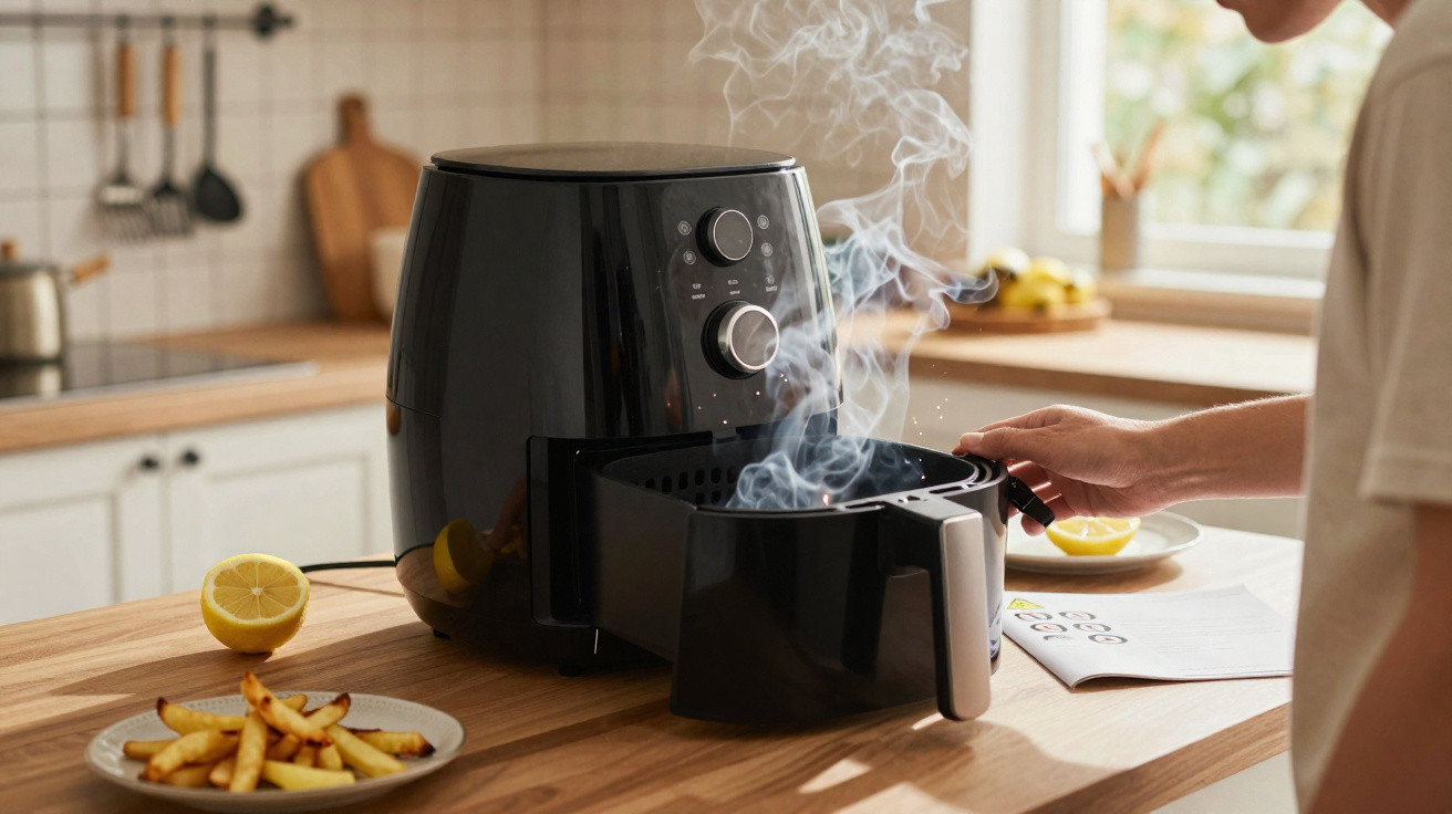 Pessoa retirando cesto fumegante de air fryer preta em cozinha com batatas fritas em prato ao lado.