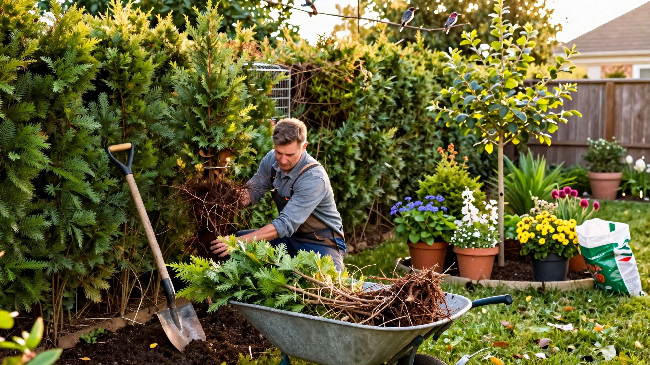 Homem retirando plantas do solo em jardim com carrinho de mão, pá e diversas flores ao fundo.