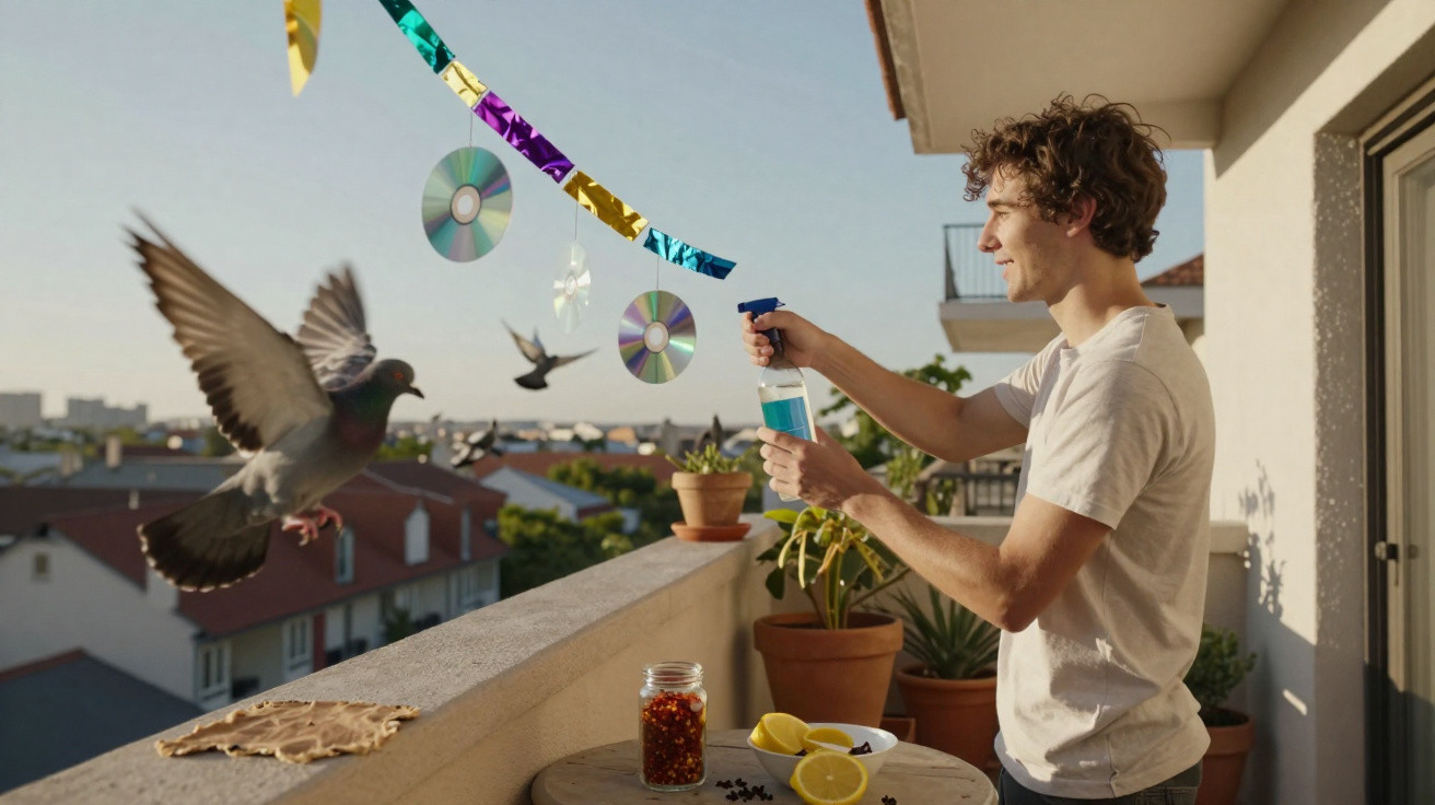 Jovem borrifando líquido para espantar pombos de varanda decorada com CDs pendurados.
