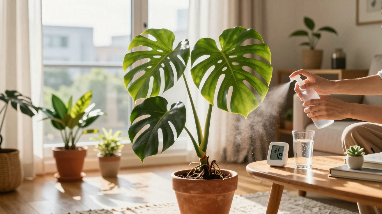 Pessoa borrifando água em planta Monstera em vaso dentro de sala iluminada pela luz do sol.