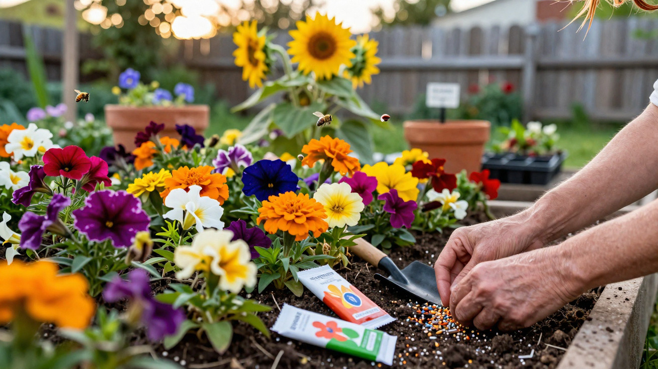 Mãos semeando sementes em canteiro com flores coloridas e abelhas voando em jardim ao pôr do sol.