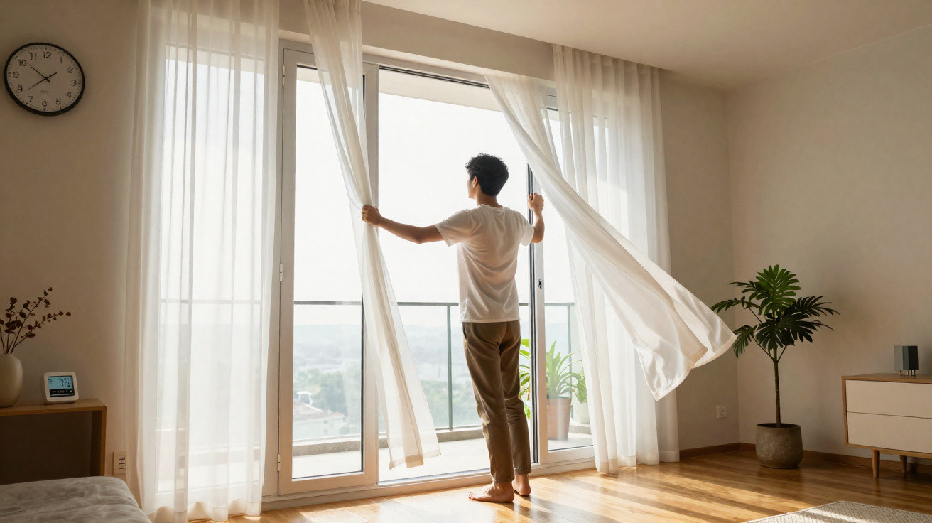 Homem abrindo cortinas brancas em sala iluminada com piso de madeira e plantas decorativas.