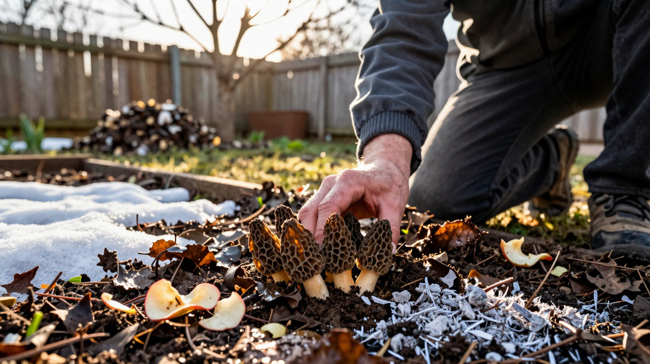 Pessoa agachada colhendo cogumelos morchella em área de jardim com folhas secas e neve derretida.