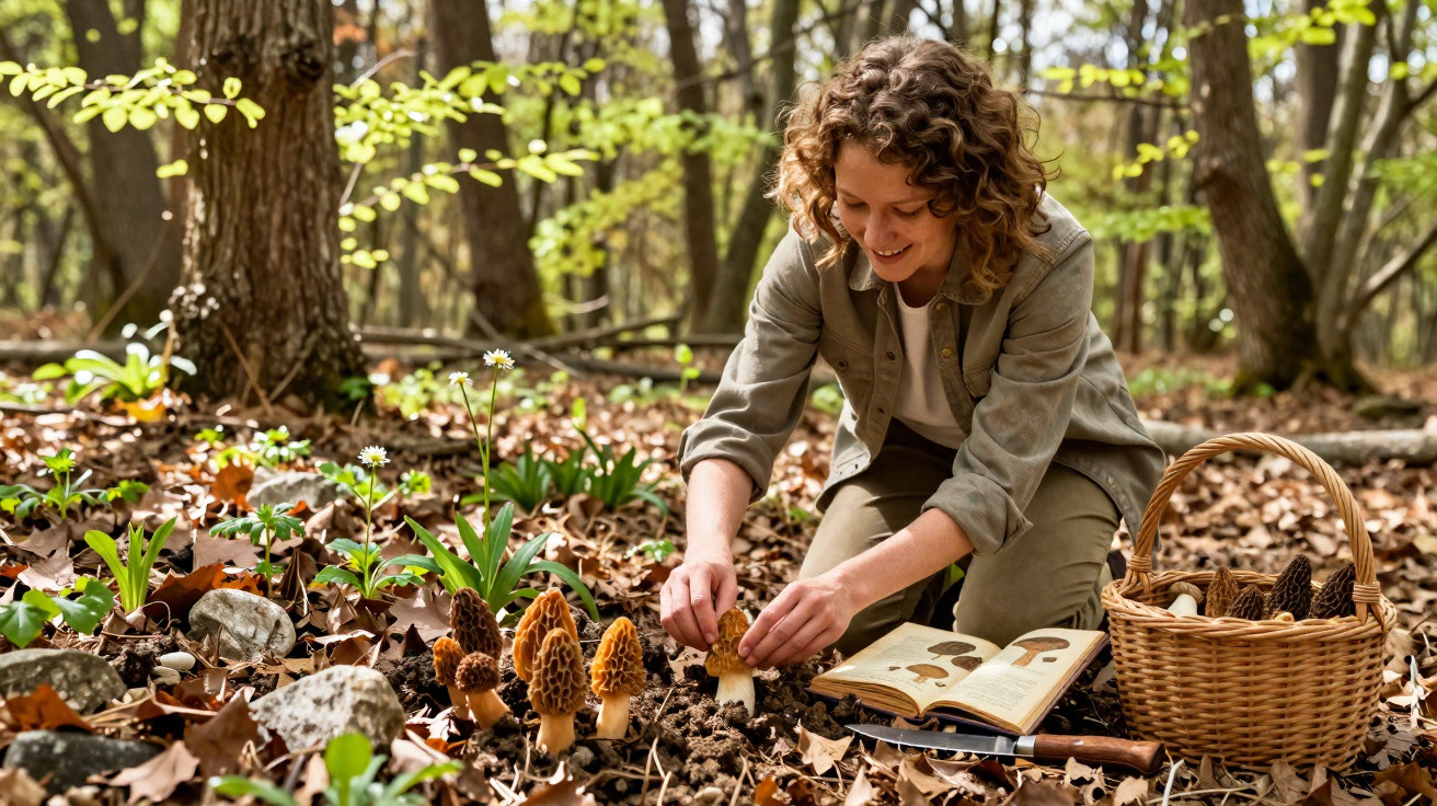 Mulher colhendo cogumelos na floresta, com cesta e livro aberto ao lado, em ambiente natural com folhas secas.