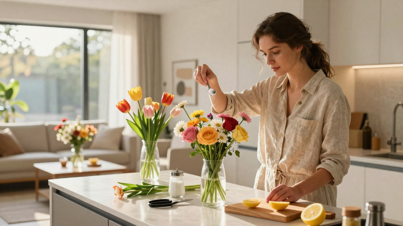 Mulher adiciona açúcar em buquê de flores na cozinha moderna iluminada pela luz natural.