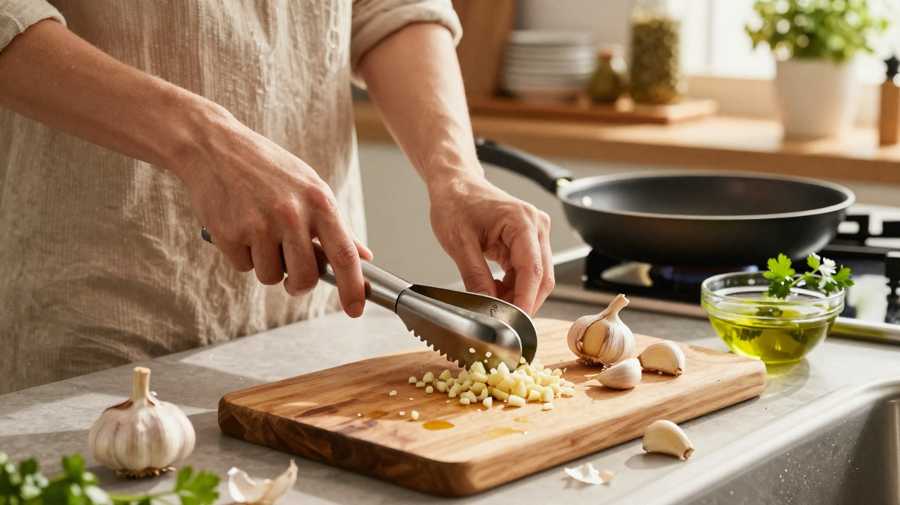 Pessoa picando alho com pegador em tábua de madeira na cozinha com chapa e azeite ao fundo.