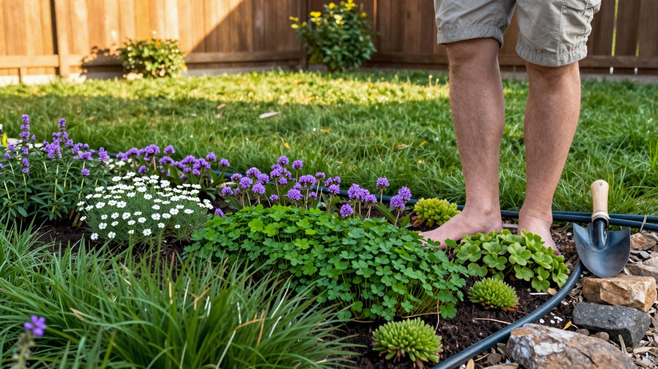 Pés descalços em jardim com flores roxas, brancas e plantas verdes, ao lado de pá e pedras.