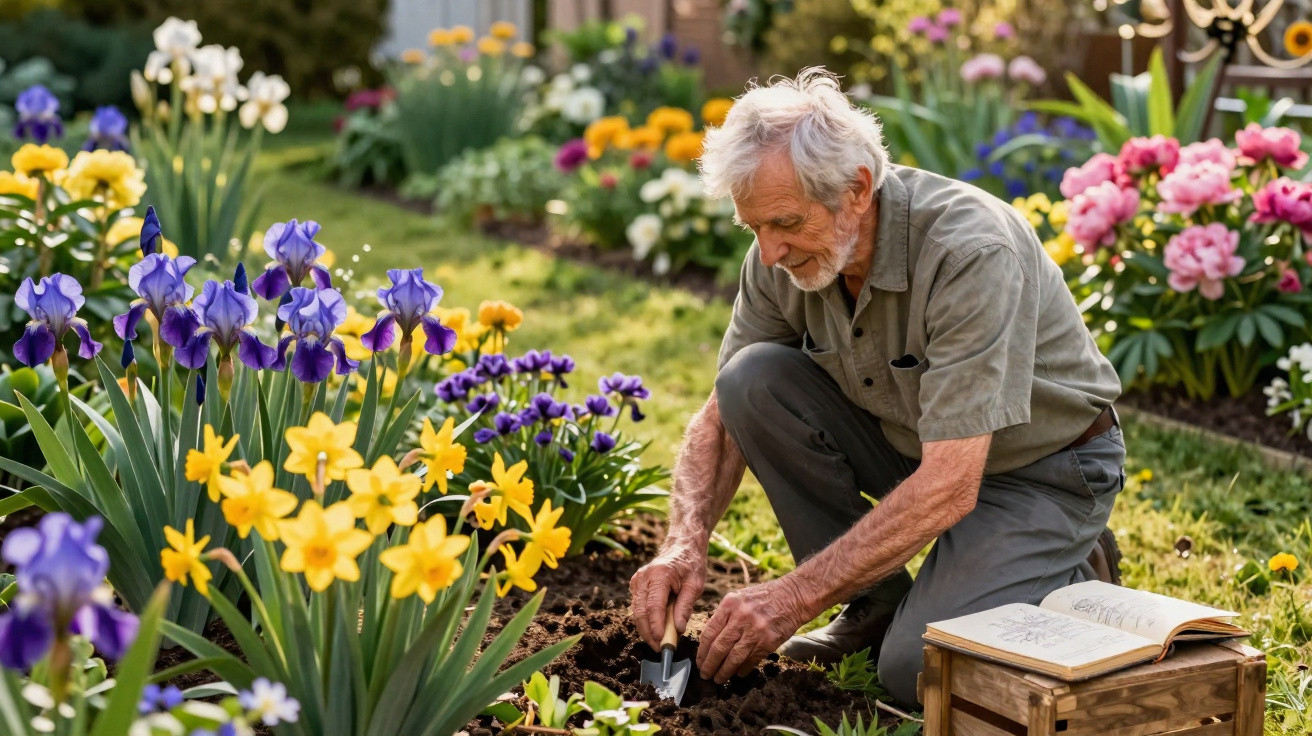 Homem idoso jardineiro cuidando de flores coloridas em canteiro com livro aberto ao lado em dia ensolarado.