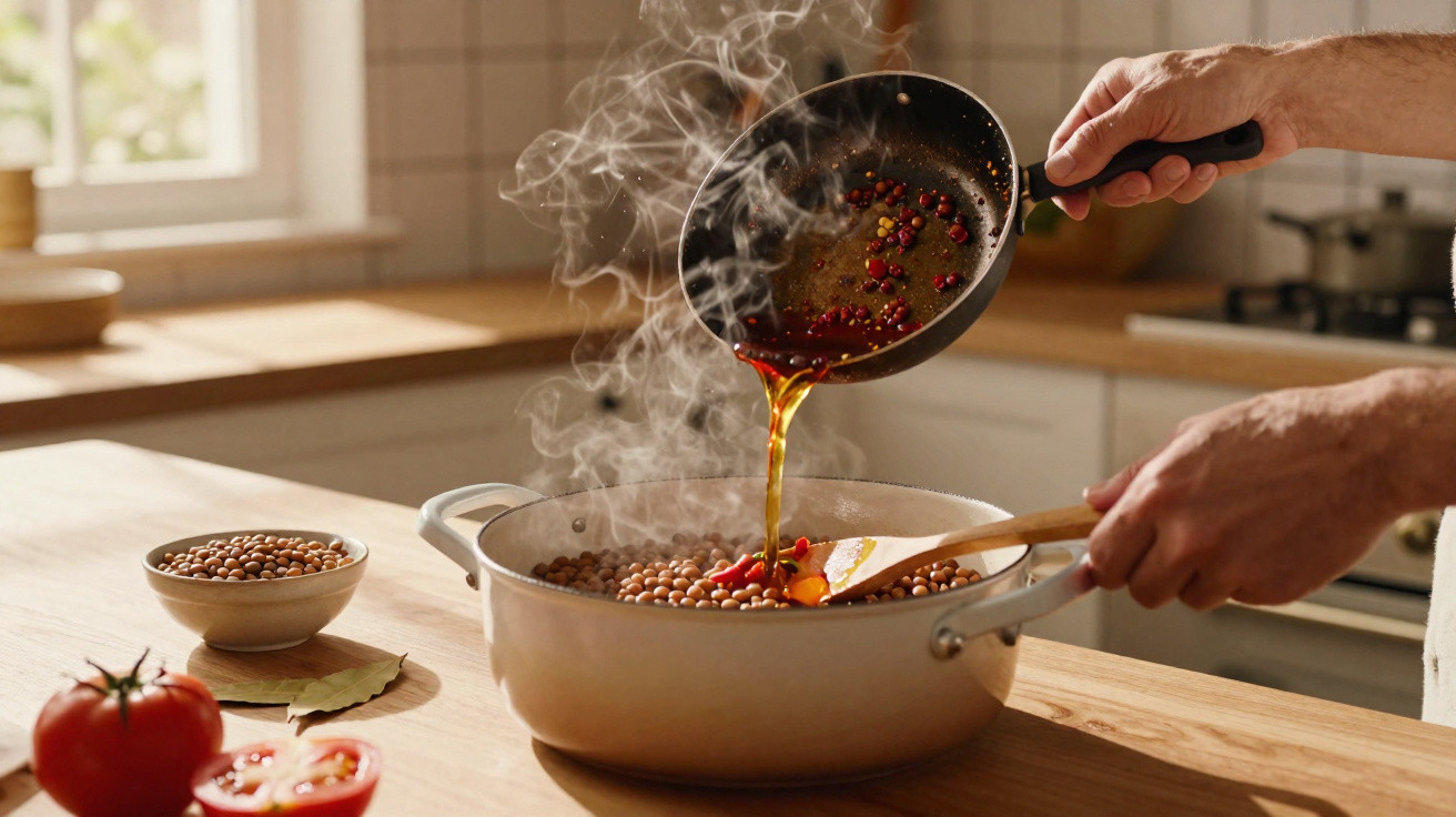 Pessoa despejando molho quente com pimenta em panela com grãos na cozinha iluminada pela manhã.