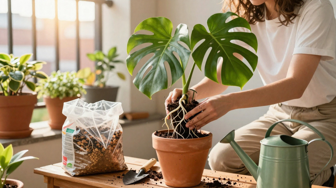 Pessoa transplantando planta com folhas grandes em vaso de cerâmica em ambiente interno iluminado natural.