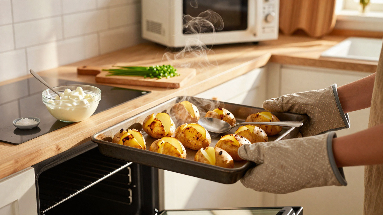 Pessoa usando luvas segurando forma com batatas assadas saindo do forno em cozinha moderna.