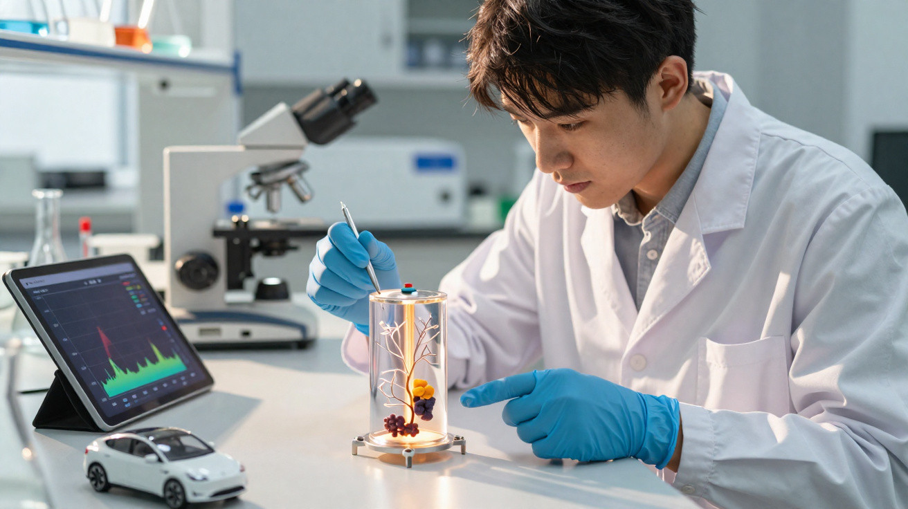 Cientista jovem em laboratório, usando luvas e jaleco, analisa amostras em recipiente iluminado com tablet e microscópio.