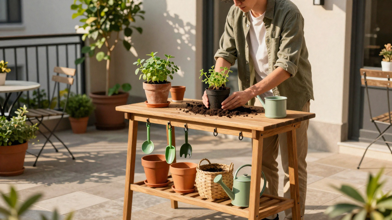 Pessoa transplantando planta em vaso sobre mesa de madeira em área externa ensolarada.