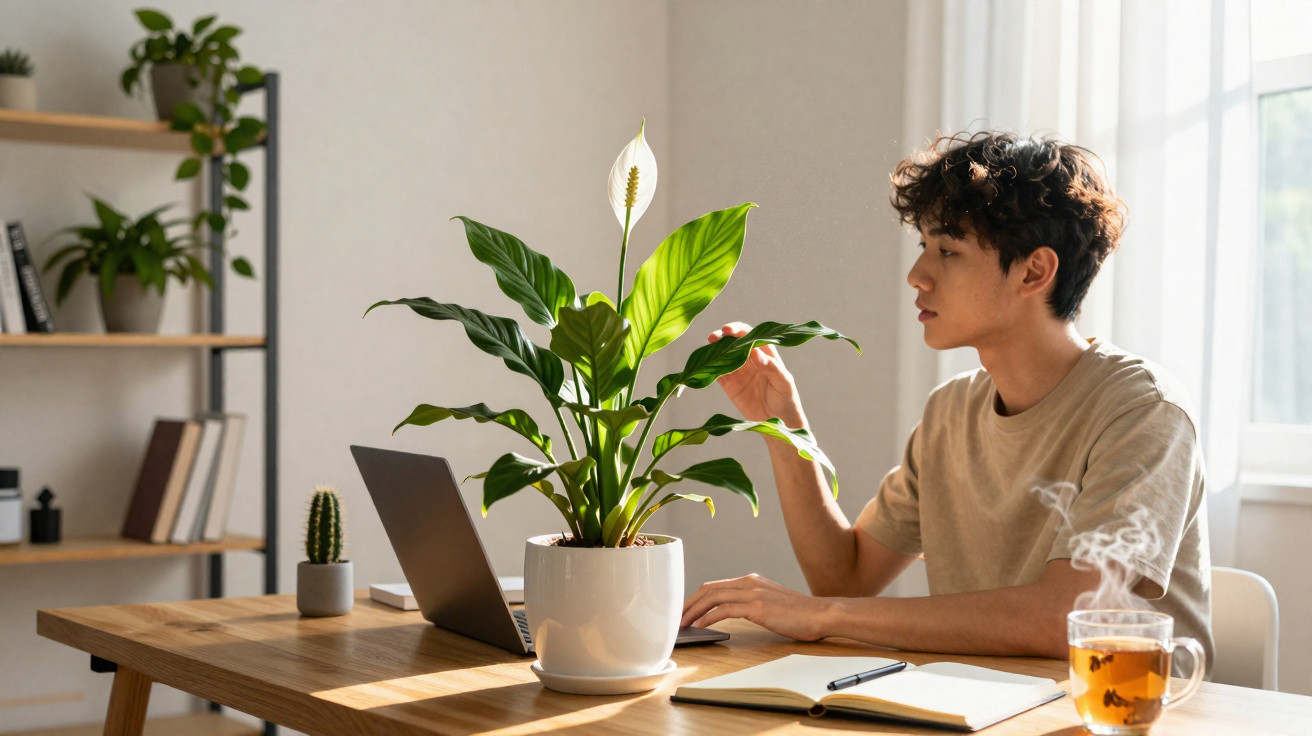 Jovem sentado à mesa com laptop, livro aberto, planta e xícara de chá fumegante em ambiente iluminado.