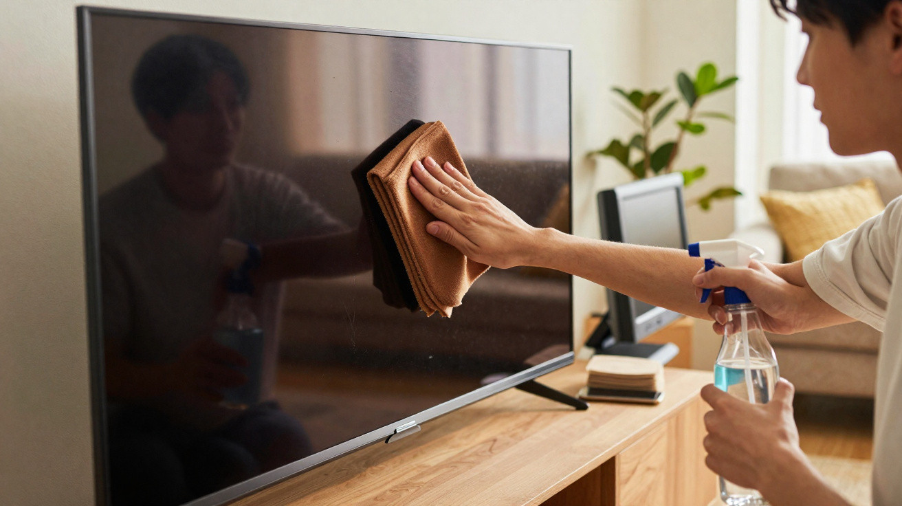 Pessoa limpando a tela de uma TV com pano e borrifador em sala de estar.
