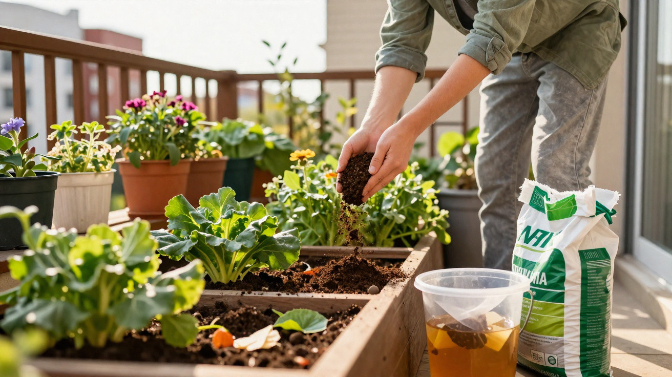 Pessoa preparando terra para jardinagem em vasos com flores coloridas em varanda ensolarada.
