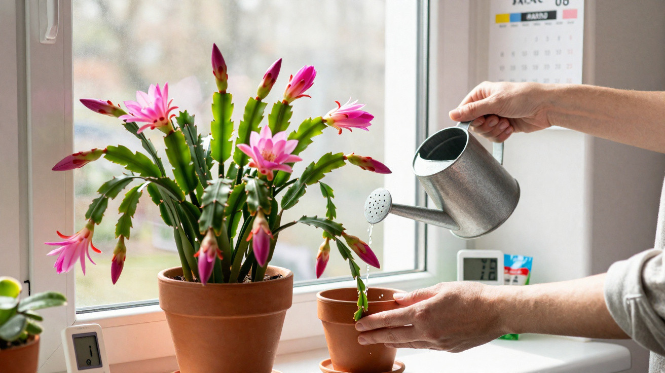 Pessoa regando planta com flores rosas em vaso de cerâmica perto da janela em dia claro.