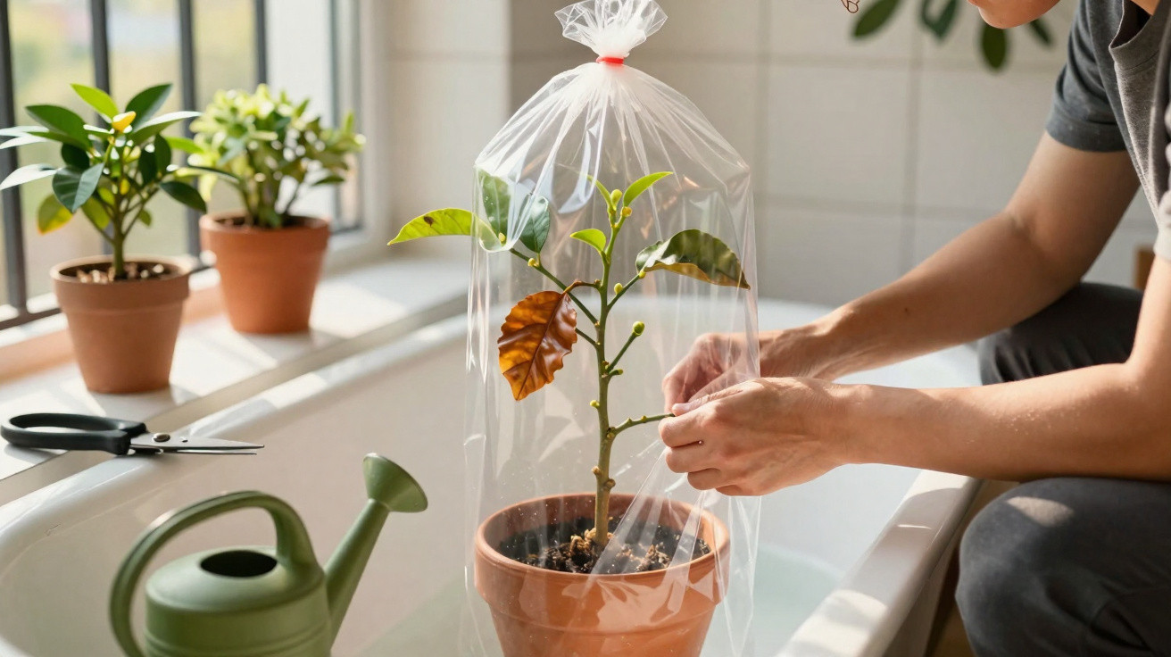 Pessoa cuidando de planta em vaso protegida com plástico dentro de uma banheira com regador ao lado.