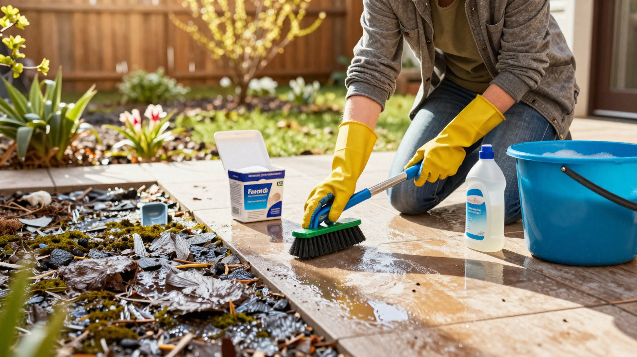 Pessoa com luvas amarelas limpando piso externo com escova, balde azul e produtos de limpeza ao redor.