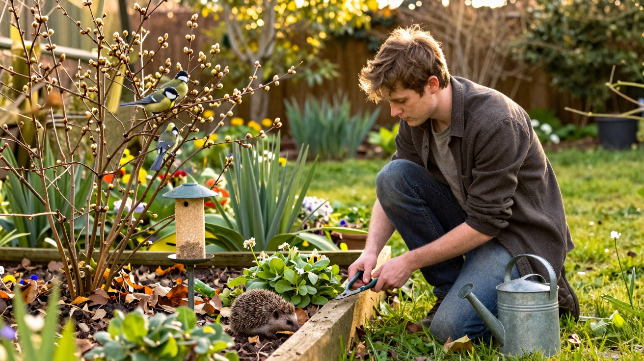 Jovem cuidando do jardim com pássaros em arbusto e um ouriço próximo ao canteiro.
