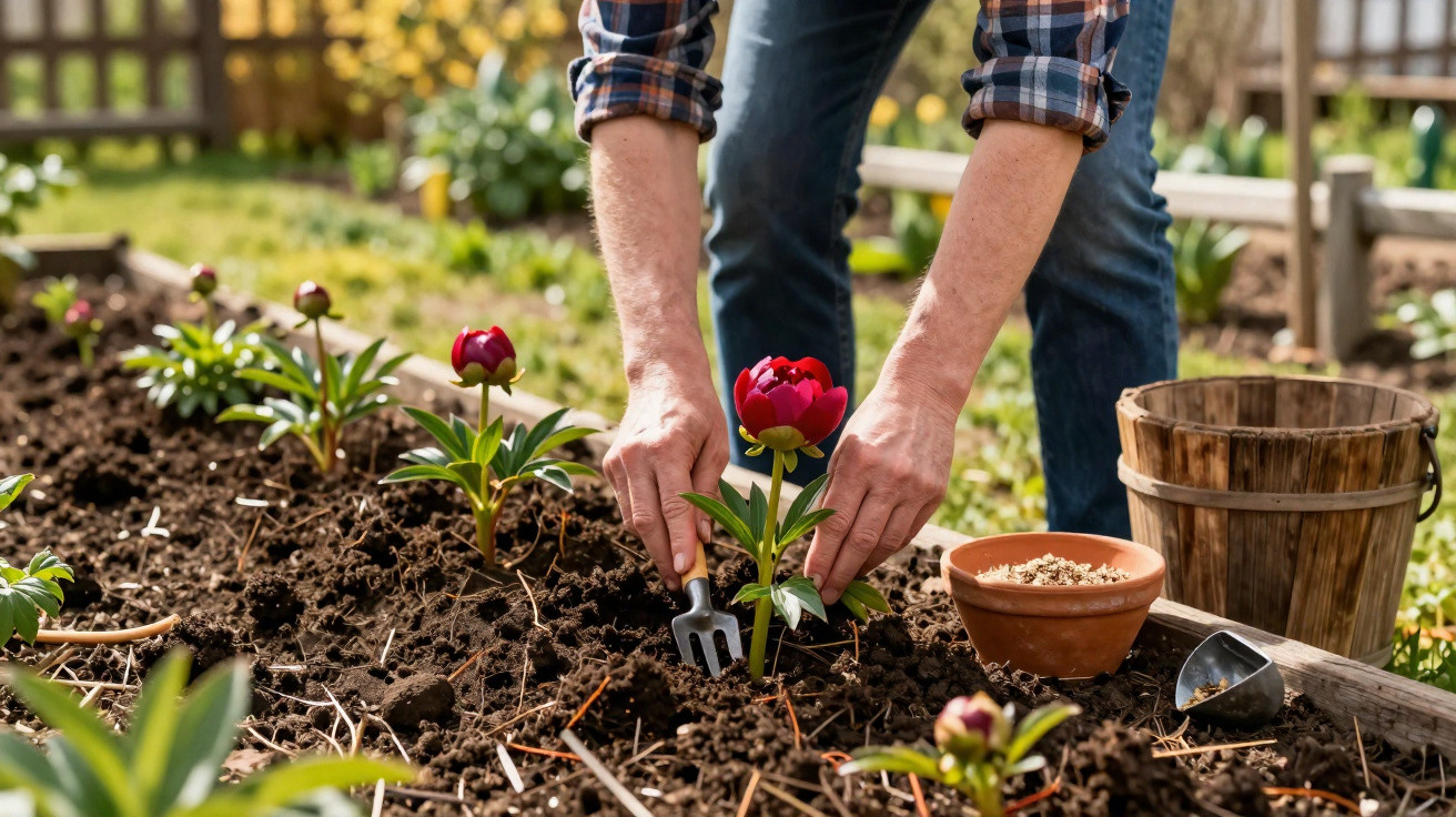 Pessoa plantando flores vermelhas em canteiro de jardim com ferramenta e balde de madeira.