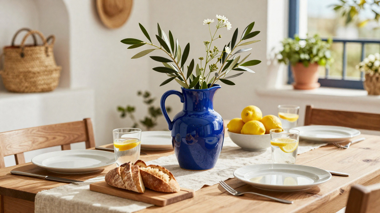 Mesa de madeira posta com pratos, copos com limão, pão, e jarra azul com galhos e flores brancas.