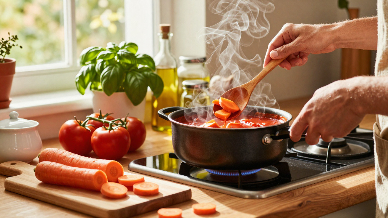 Pessoa mexendo molho de tomate em panela no fogão com cenouras e tomates frescos ao lado.